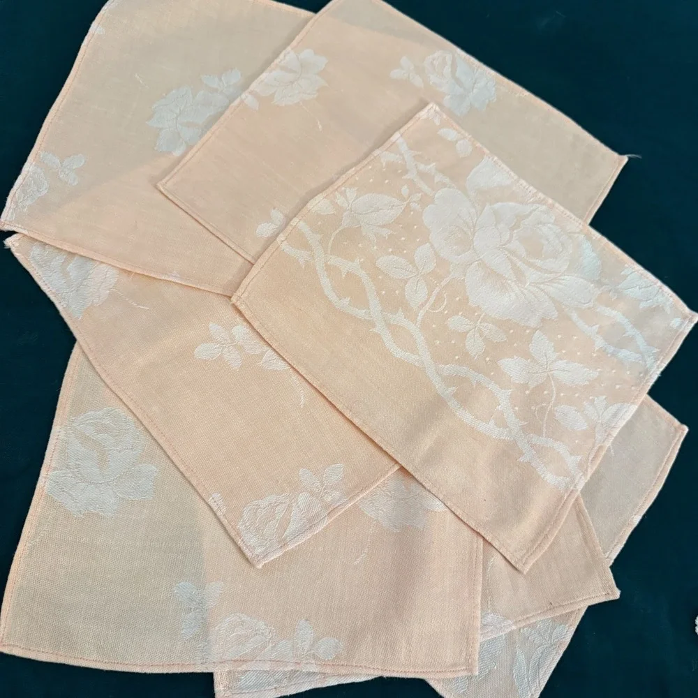 Set of 8 Peach Floral Jacquard Cloth Napkins Rose‎ Vine Pattern Elegant Dinner